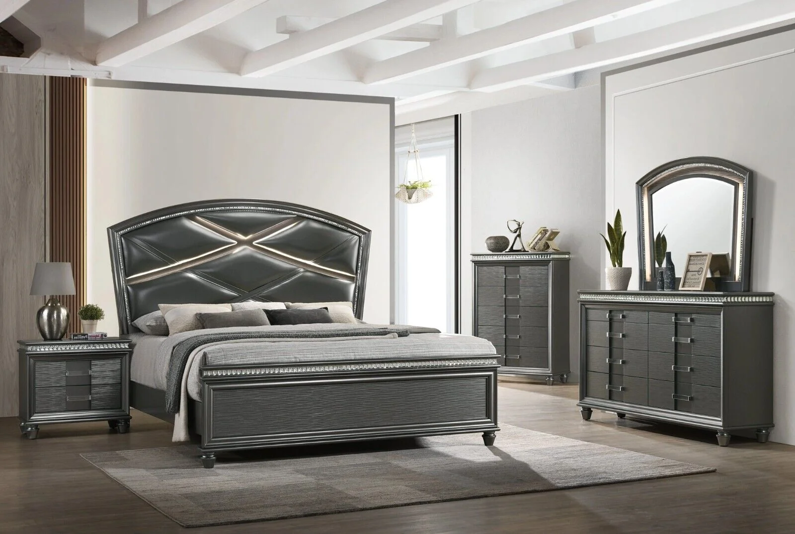 Modern Luxury Glam Style 4pc Bedroom Furniture Set LED Panel Queen Bed Dresser Mirror Nightstand Set Wooden Fabric