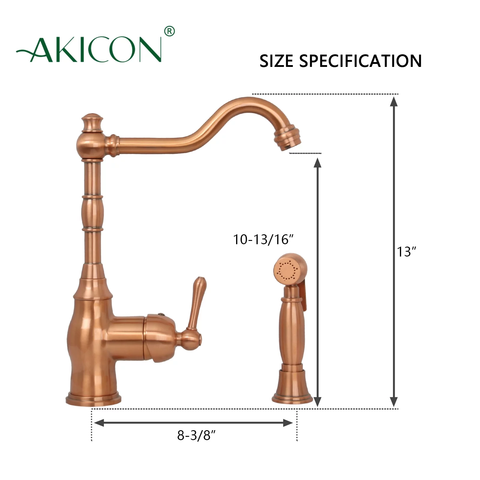 Akicon One-Handle Copper Widespread Kitchen Faucet with Side Sprayer Copper Copper Finish