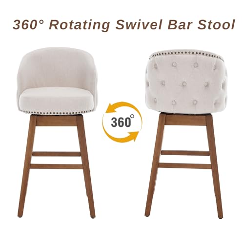 Swivel Bar Stool Set of 2,Modern Linen Counter Stools,29" Swivel Bar Chairs with Wood Base for Kitchen Island,Pub,Cafe（Grey）