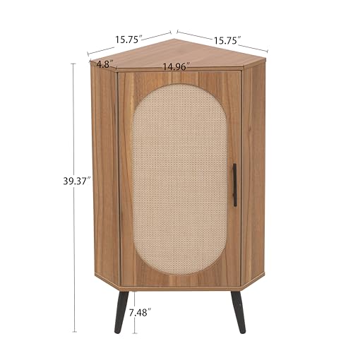 Boho Corner Storage Cabinet,Freestanding Bookcase with Rattan Doors & Adjustable Shelves, Corner Shelf Stand for Living Room, Bathroom, Bedroom,Natural