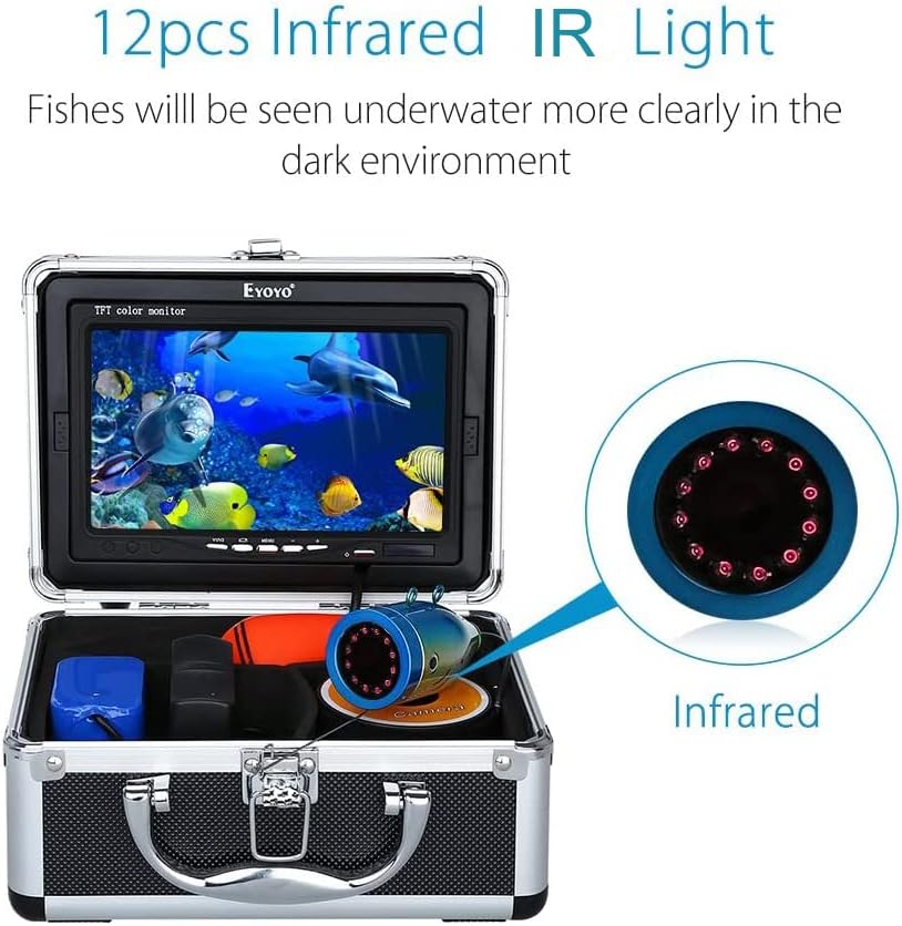 Eyoyo Portable 7 inch LCD Monitor Fish Finder Waterproof Underwater 1000TVL Fishing Camera 15m Cable 12pcs Infrared Lights for Ice,Lake and Boat Fishing