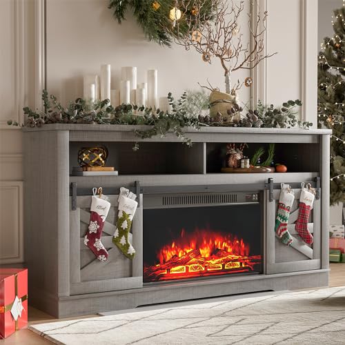 YESHOMY Farmhouse TV Stand for Televisions up to 65 Inches, Sliding Barn Doors and Storage Cabinets, Console Table and Media Furniture for Living Room, 58 Inch, Milk White