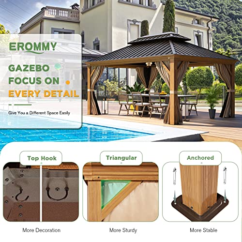 EROMMY 14'x20' Hardtop Gazebo Double Roof Galvanized Steel Canopy Outdoor Aluminum Frame Permanent Metal Pavilion with Netting and Curtains for Patio Backyard Deck and Lawns