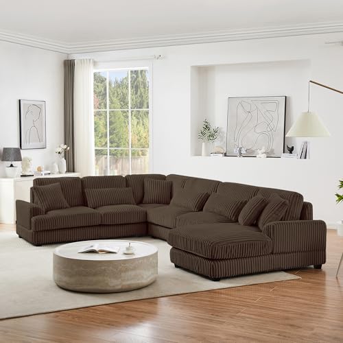 Oversized U-Shaped Sectional Sofa Couch Plush Corduroy Upholstered Modular Deep Seat Sofa&Couch Sectional W/Right Facing Chaise Lounge and 7 Toss Pillows for Home Apartment Living Room Furniture Sets