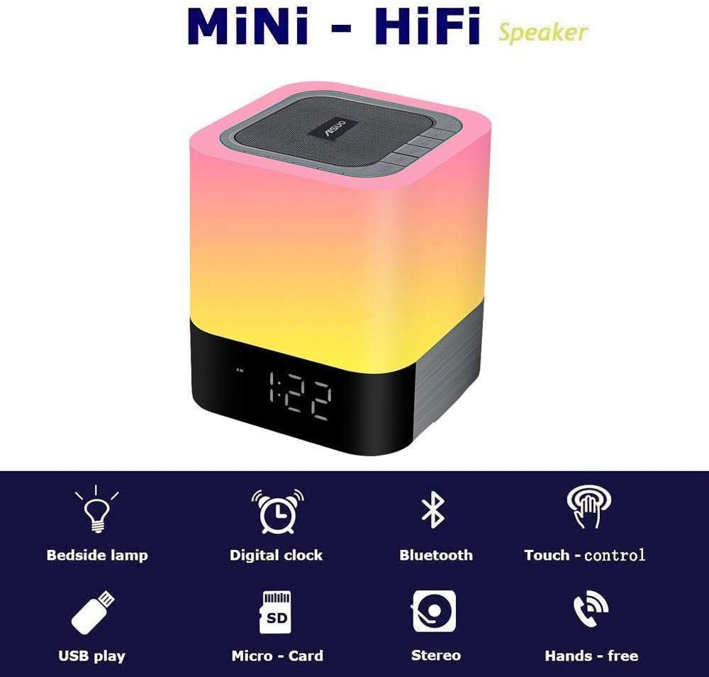 Aisuo Night Light-5 in 1 Bedside Lamp with Bluetooth Speaker,12/24H Digital Calendar Alarm Clock,Touch Control ,Support TF and SD Card,Music Player,Room Decor .