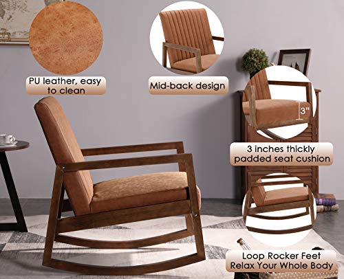 CIMOTA Leather Modern Rocking Chair Mid Century Armchair Upholstered Arm Chair with Padded Seat/Wood Frame, Comfy Rocker for Living Room/Bedroom, Retro Dark Brown PU