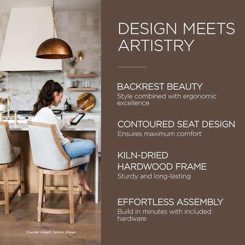 Maven Lane Vienna 26 Inch Tall Counter Height Rotating High Back Barstool in Weathered Oak Finish with Sand Color Fabric Upholstered Seat, Set of 2