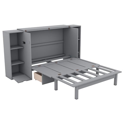 Modern Full Size Murphy Bed with Bookcase on Each Side, Solid Wood Mobile Murphy Chest Platform Bed with Drawers and USB Ports for Guest Room Home Office (White-F0)