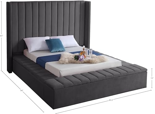Meridian Furniture Kiki Collection Modern | Contemporary Velvet Upholsterd Bed with Channel Tufting, Siderails and Footboard Storage Compartments, Full, Cream