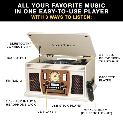 Victrola Navigator 8-in-1 Bluetooth Record Player with Built-in Speakers– 3 Speed Turntable, CD Player, Cassette, FM Radio, USB, RCA Out, Headphone Jack, Wireless Music Streaming, Real Wood (Mahogany)