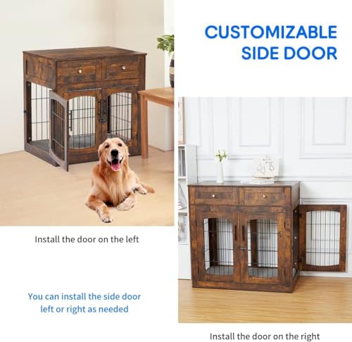 Dog Crate Furniture with Cushion,Wooden Dog Kennels Indoor with 2 Drawers,Dog Furniture Crate End Table with Storage