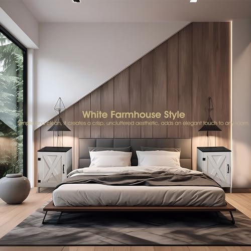Farmhouse Nightstands Set of 2 with Charging Station, Rustic Bedside Table End Table with Barn Door for Living Room Bedroom Sofa Side Table with Storage, White