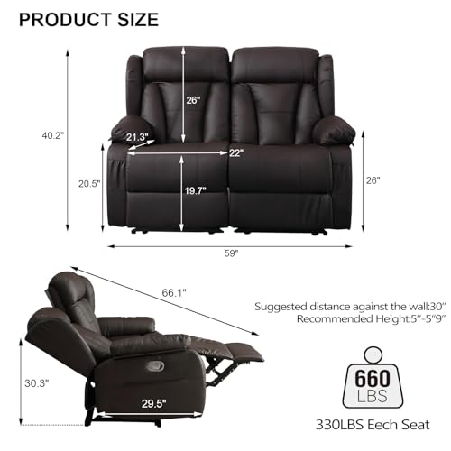 AHMED Home Theater Seating, Recliner Chair with USB Ports and Cup Holders, Faux Leather Recliner Sofa Set with Hidden Arm Console Storage, Ambient Lighting, Black