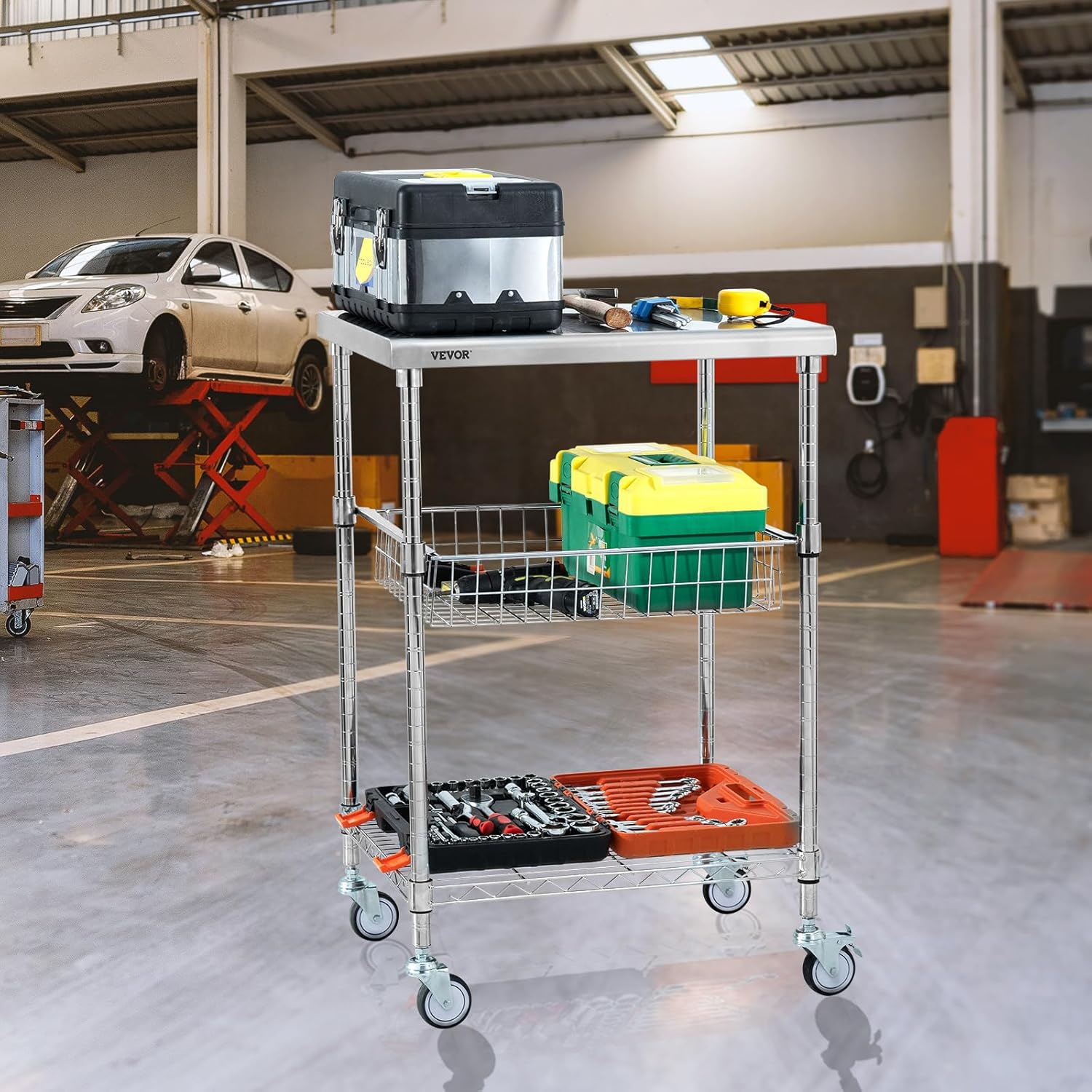 VEVOR Kitchen Utility Cart, 20"x24"x36.6" 3 Tiers Wire Rolling Cart, 470LBS Capacity Steel Service Cart with Brake Wheels, Storage Trolley with 76mm Basket PP Liner 6 Hooks, for Indoor & Outdoor Use