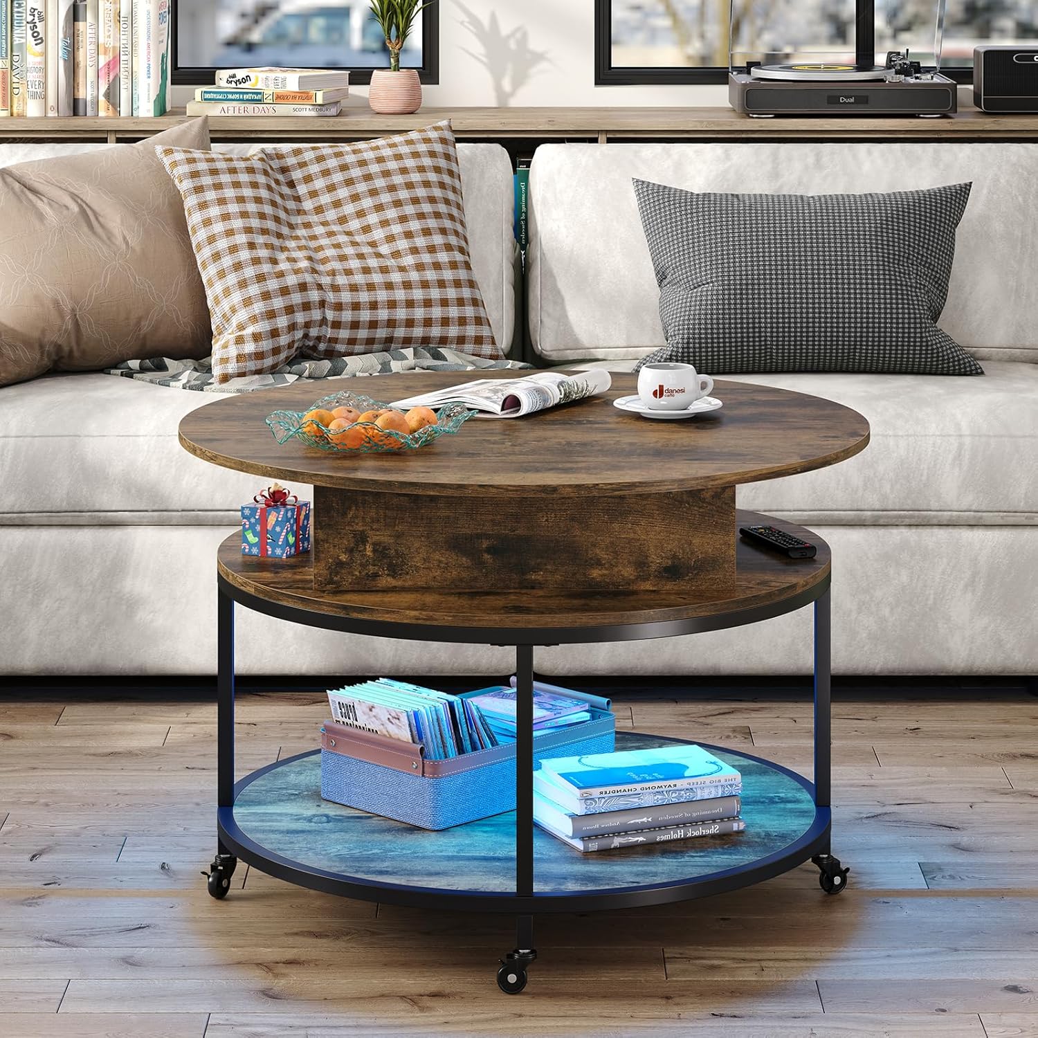 35.43''W Lift Top Round Coffee Table, Coffee Table with 2-Tier Storage, Modern Led Circle Coffee Table with Hidden Storage Compartment & Wheels Dining Table for Home, Rustic Brown