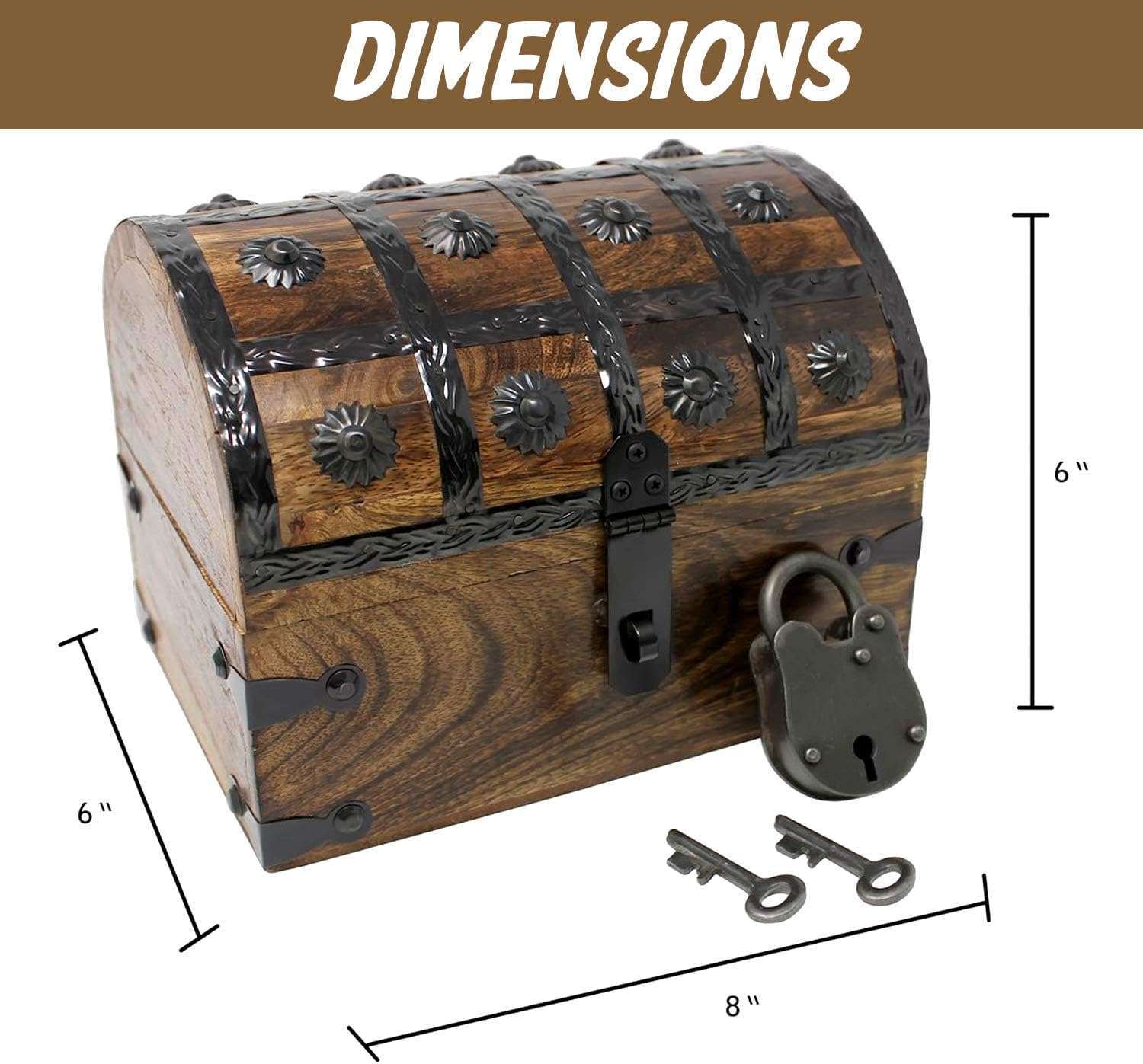 Nautical Cove Pirate Treasure Chest with Iron Lock and Skeleton Key - Storage and Decorative Box (X-Large 16 x 11 x 10.5)