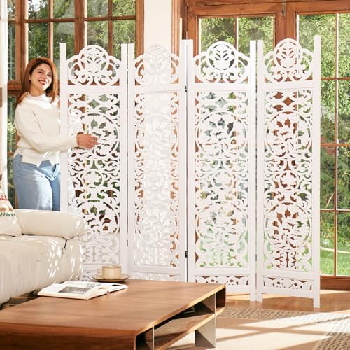 5.75Ft Room Divider Wood Carved Wall Divider Indoor Folding Portable Partition Screen for Home Office Garden Terrace - 4 Panel (Antique Brown)