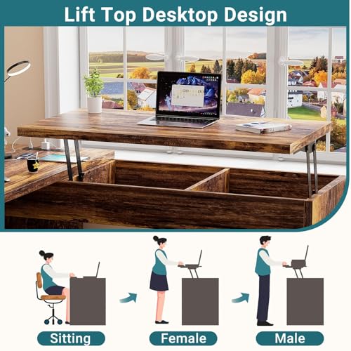 Unikito L Shaped Desk with Lift Top and Drawer, Large Office Desk with Power Outlets and USB Charging Ports, Sturdy Corner Computer Desk Writing Table with Storage, L Shape Standing Desk, Black