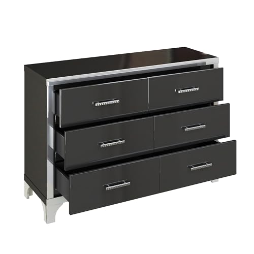 SSLine Modern 6-Drawer Dresser Luxury Elegant Accent Storage Cabinet with 6 Drawers High Gloss 47.2" Wide Chest of Drawer with Mirrored Edge Decor for Bedroom Living Room Nursery(Black)