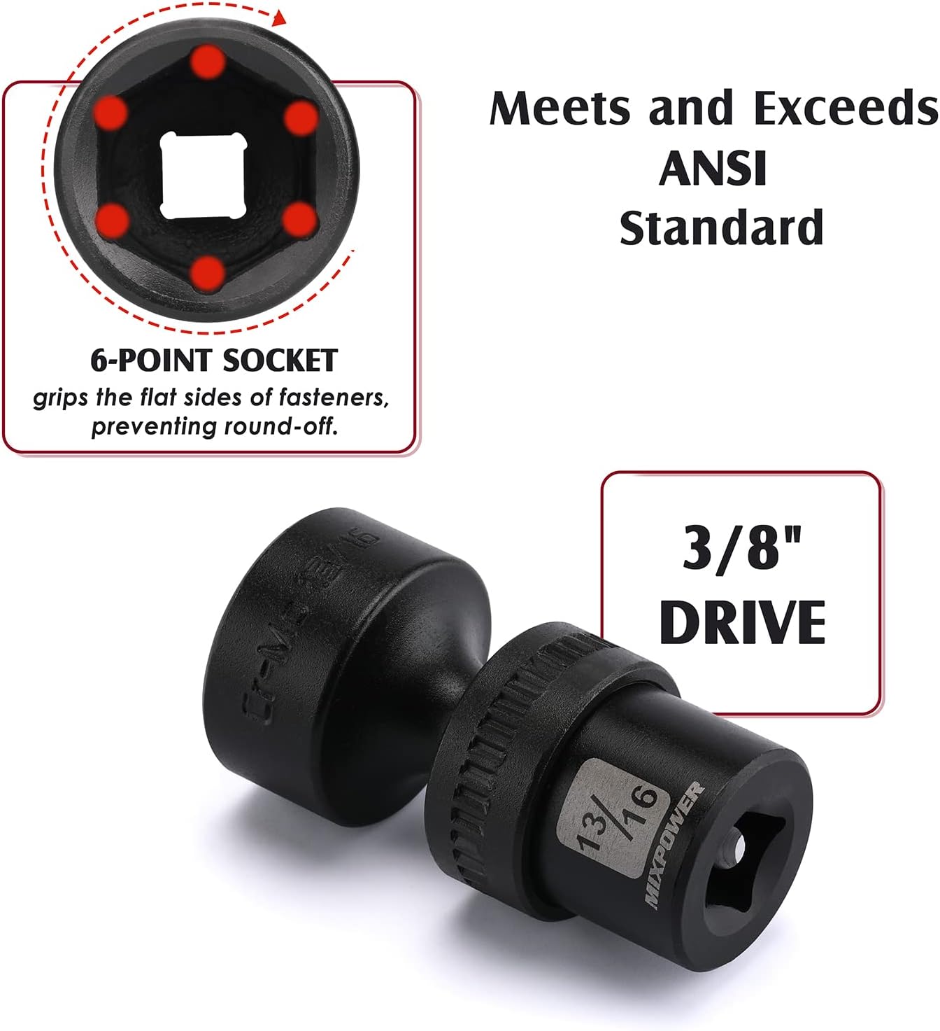 MIXPOWER 10-piece 3/8" Drive Shallow Universal Impact Socket Set, Metric,10-19mm, Swivel Socket with Flexible Wobble, CR-MO
