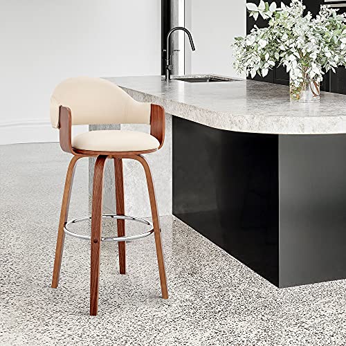 Armen Living Daxton Mid Century Modern Swivel Bar Stool for Kitchen Island Counter in Cream Faux Leather and Walnut Wood, 26" Seat Height