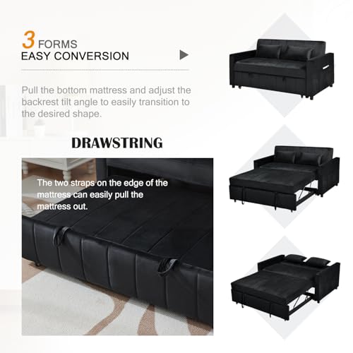 Convertible Sleeper Sofa Bed, 55.51" Modern Velvet 3-in-1 Futon Couch, Pullout Bed with Adjustable Backrest, Storage Pockets and Toss Pillows for Living Room, Bedroom (Black)