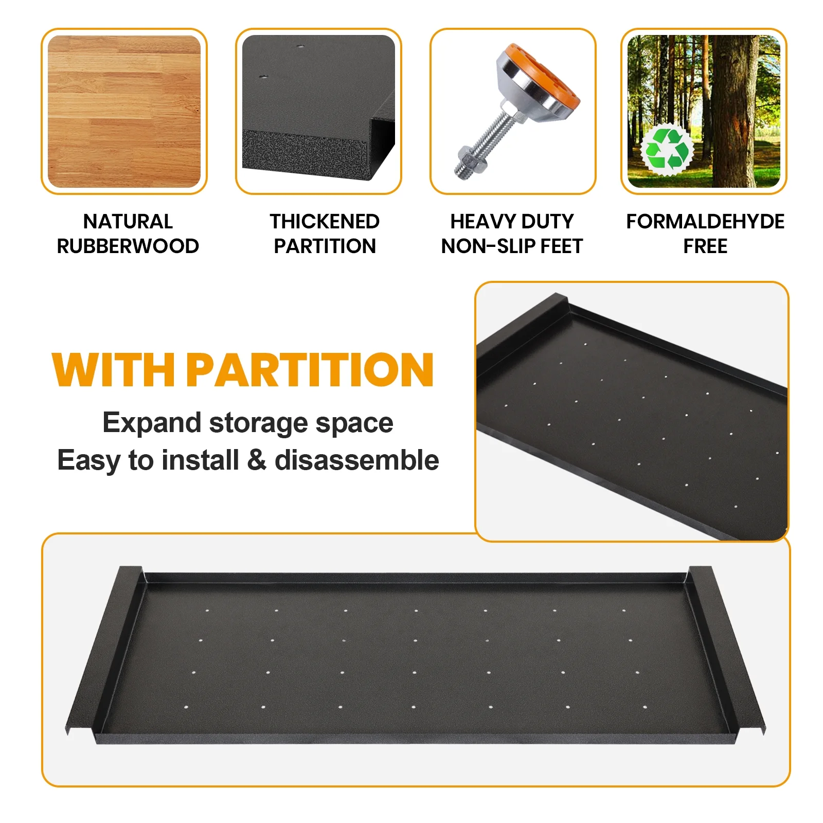 Polar Aurora 48" Adjustable Heavy-Duty Workbench, Rubber Wood Top Worktable with partition