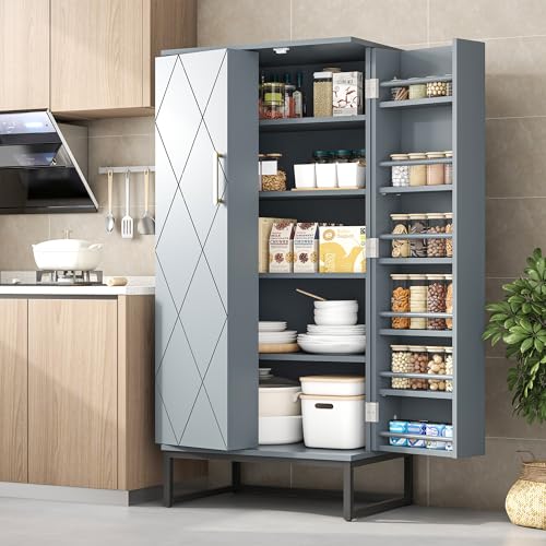 51” Pantry Cabinets, White Freestanding Kitchen Pantry Storage Cabinet with Adjustable Shelves, Buffet Cupboards Storage Cabinet for Home Office Use, White + Gold