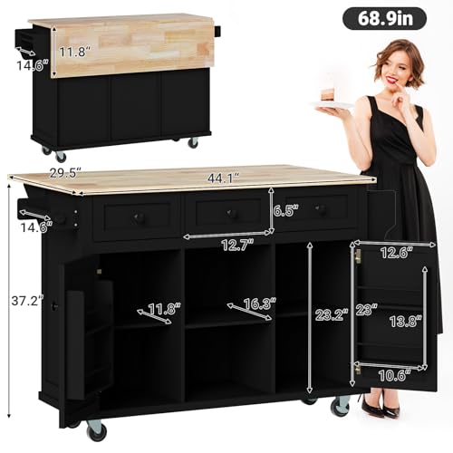 Large Kitchen Island On Wheels with Storage 54in Width Mobile Moveable Portable Rolling Wood Island for Kitchen Dining Room with Drawers Cabinet Spice Rack Towel Rack