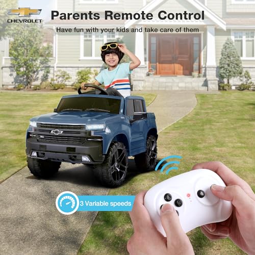 12V Kids Ride On Truck Car Licensed Chevrolet Silverado with Back Storage, Remote Control, LED Lights & MP3 Music, Chevy Silverado Trail Boss LT Electric Truck for Kids, Red