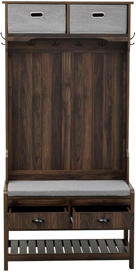 68.9" H Hall Tree with 6 Hooks and Hinged Lid, Coat Hanger, Entryway Bench, Storage Bench, 3-in-1 Design, 69INCH, for Entrance, Hallway,Brown