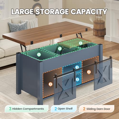 SEDETA Lift Top Coffee Table, 4 in 1 Multi-Function Convertible Coffee Tables with Storage and Hidden Compartment, Farmhouse Coffee Table Converts to Dining Table for Living Room, Grey