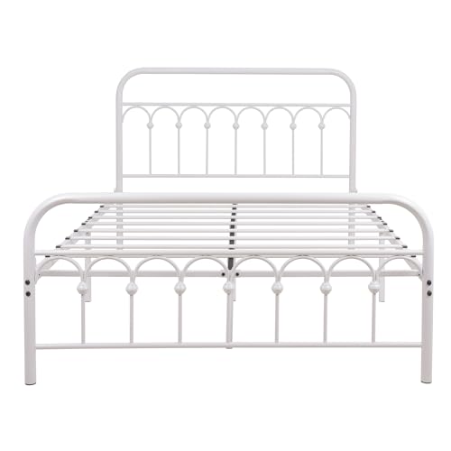 YALAXON Vintage Sturdy Queen Size Metal Bed Frame with Headboard and Footboard Basic Bed Frame No Box Spring Needed (Queen,White)