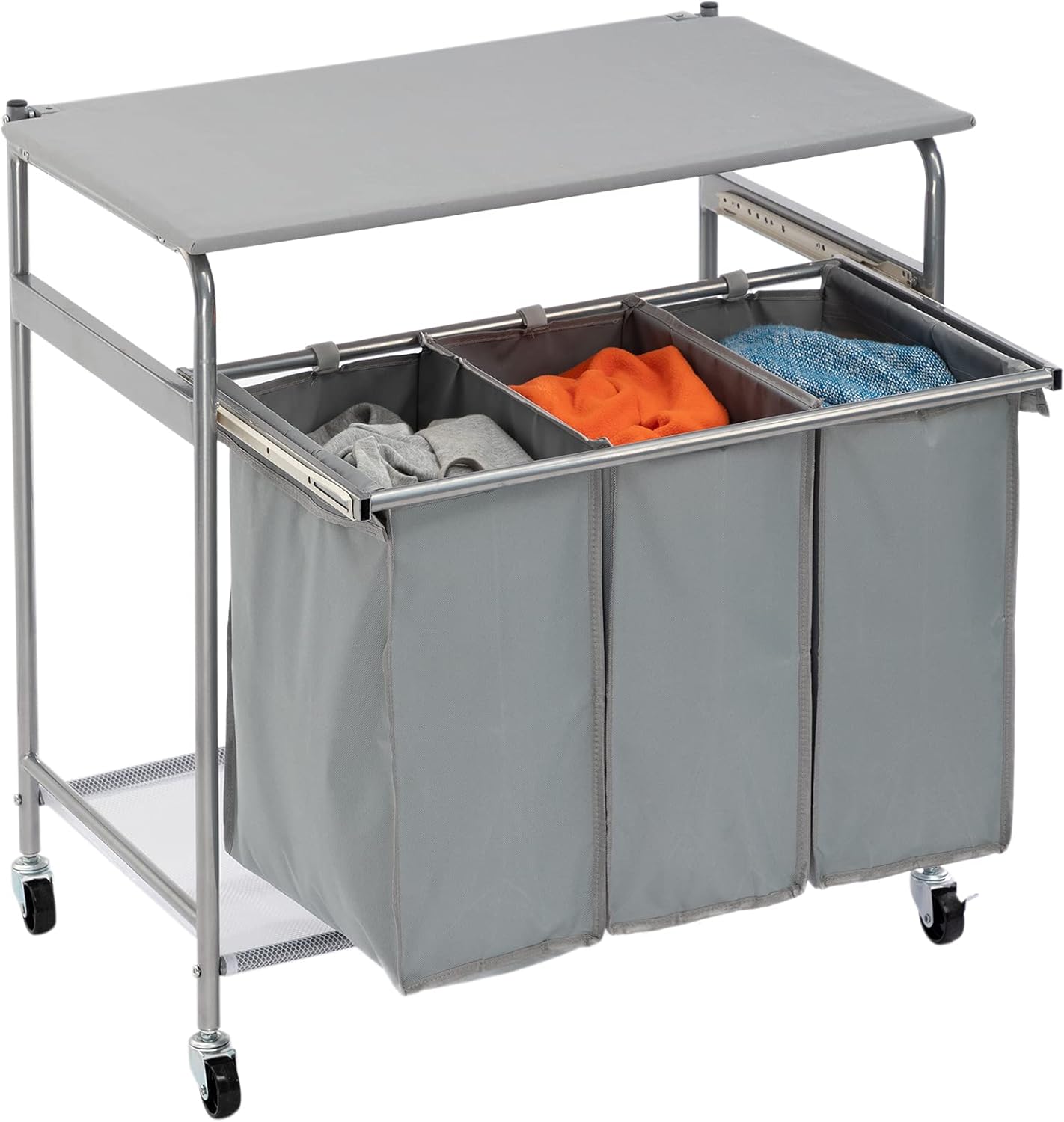 ALIMORDEN Laundry Sorter Cart with Side Pull 3-Bag Ironing Board Heavy-Duty 4 Wheels Laundry Hamper Grey