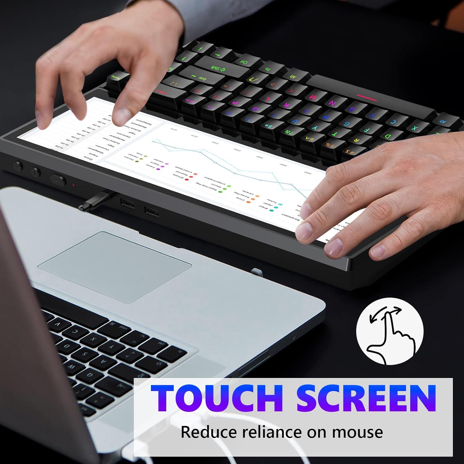 Ficihp Mechanical Keyboard, Built-in 12.6 Inch Touchscreen, Compact 71 Keys RGB LED Backlit N-Key Multifunctional Split Screen Keyboard for Mac Windows Android - Black