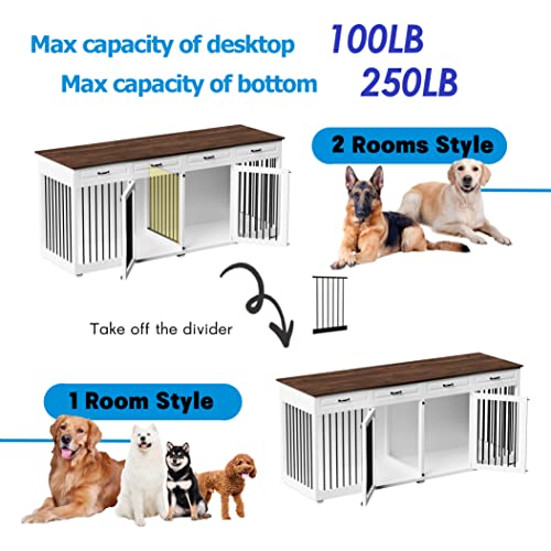Large Dog Crate Furniture, 86.6 Inch Large Wooden Dog Kennel with Drawers & Divider, Heavy Duty Indoor Furniture Style Dog House with Double Rooms for Large Medium Small Dogs, White