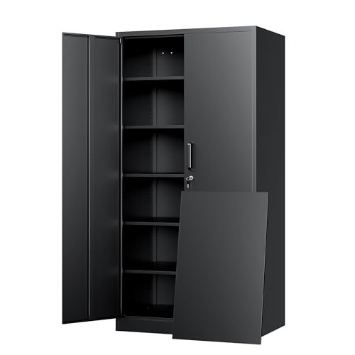 Yizosh Metal Garage Storage Cabinet with 2 Doors and 5 Adjustable Shelves - 71" Steel Lockable File Cabinet,Locking Tool Cabinets for Office,Home,Garage,Gym,School (Gray White)
