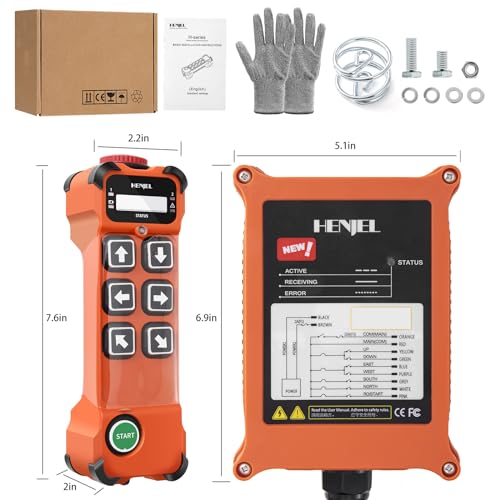 6 Channel 12-65V 12V 24V DC Industrial Wireless Crane Radio Remote Control for Electric Chain Hoist Overhead Bridge Travelling Crane Transmitter and Receiver w/E-Stop Push Button