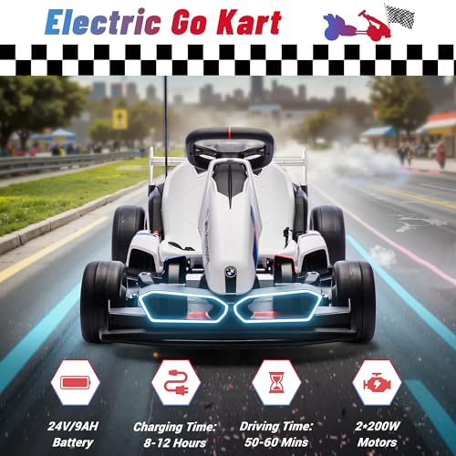 24V 9AH Electric Go Kart with Adjustable Seat, 7.5 MPH Drift Kart for Kids Age 6-12, 2 * 200W Motors, Drift Mode and 2 Speed, Licensed BMW (Grey)
