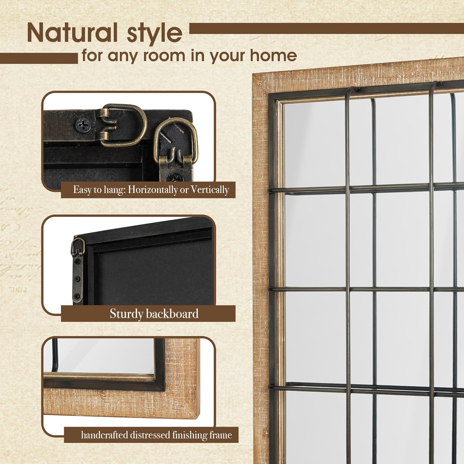 Glitzhome Windowpane Wall Mirror - 24'' x 32'' Farmhouse Decorative Wall Mirror, Hanging Rectangle Wood&Metal Frame Wall Decor Accent Mirror for Bathroom Vanity, Bedroom, Entryway, Fireplace Christmas