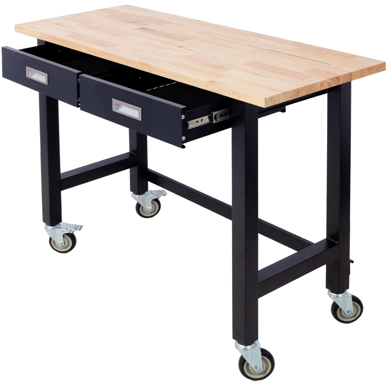 48in Work Bench, Adjustable Workbench with Drawer Storage, Heavy Duty Bamboo Wood Work Table with Wheels for Garage Home Office