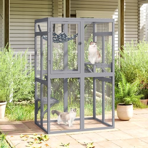 Catio Outdoor Cat Enclosure, Wooden Catio with Window Access for Patio, Indooe Kitty House (Black)