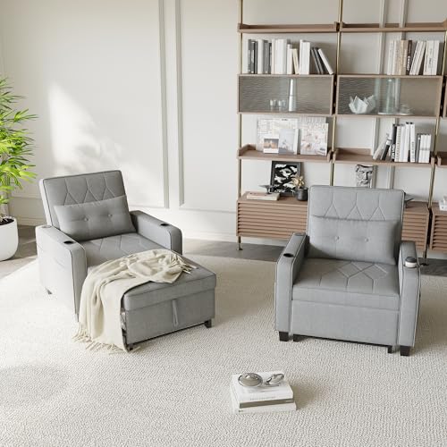 3-in-1 Convertible Sofa Chair Bed, Pull Out Leather Recliner Sleeper Sofa Chair Bed Couch with Cup Holders, USB & Type C Port,Side Pockets, Perfect for Living Room,Bedroom,Office (Black)