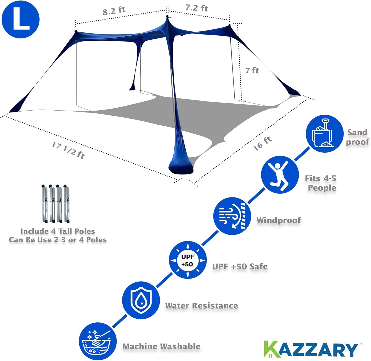 KAZZARY Beach Tent Pop Up Canopy Sun Shelter UPF50+ Lightweight Outdoor Shade with Frisbee Shovel, Ground Pegs and Stability Poles, Portable Set For Family Fun Trips (7.2 X 8.2 FT 4 Pole, Bright Blue)