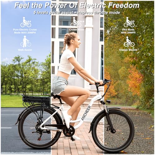 ANCHEER Electric Bike for Adults, 48V 500Wh EBike, UP to 60 Miles, Removable Battery, Fast-Charge, 26" Commuter Electric Bicycles, 7-Speed, LCD Digital Display, Suspension Fork, Cruise Control, UL2849