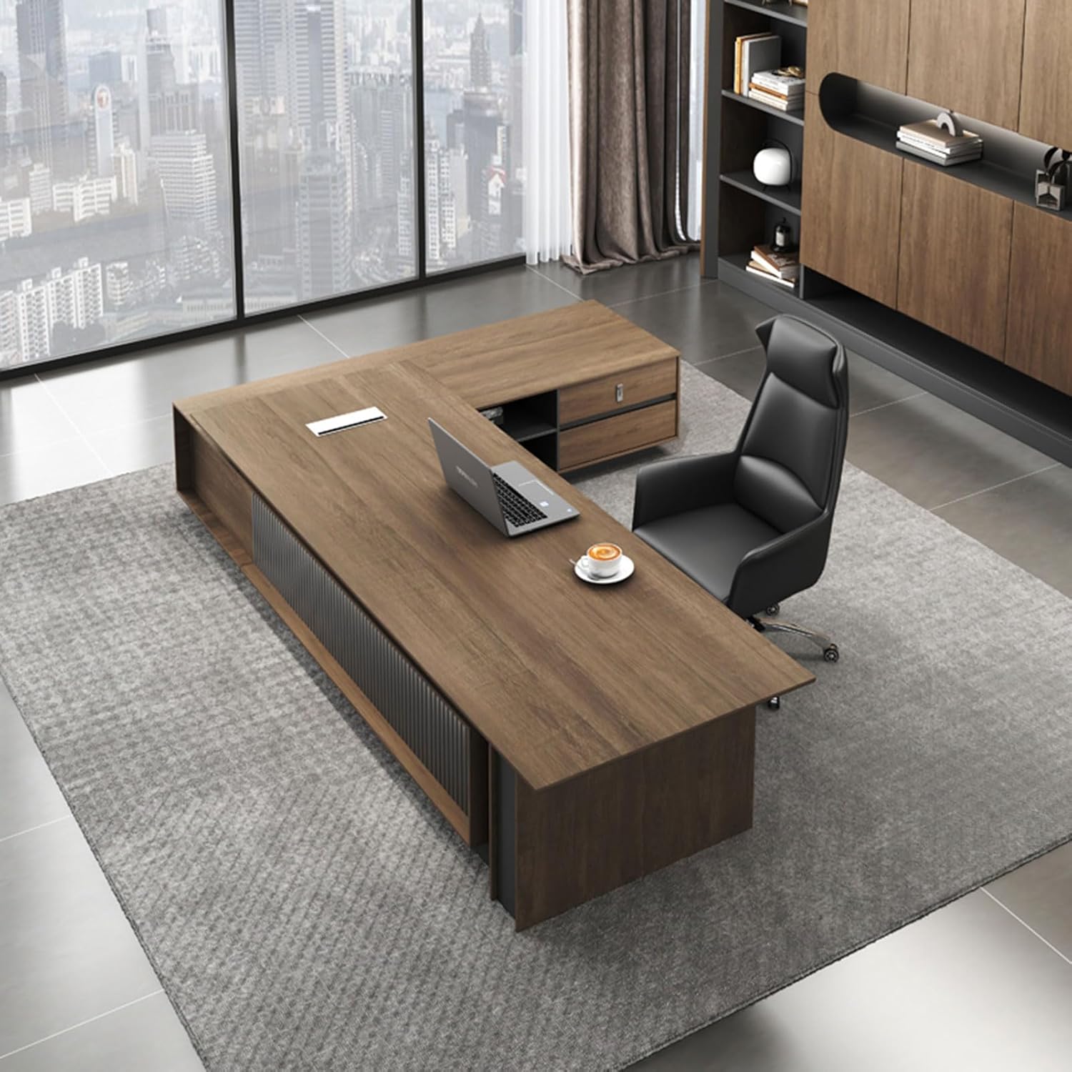 L Shaped Executive Standing Desk with Drawer File Cabinet, Height Adjustable Stand Up Desk for Home Office, Computer Desk with Storage Cabinets ()