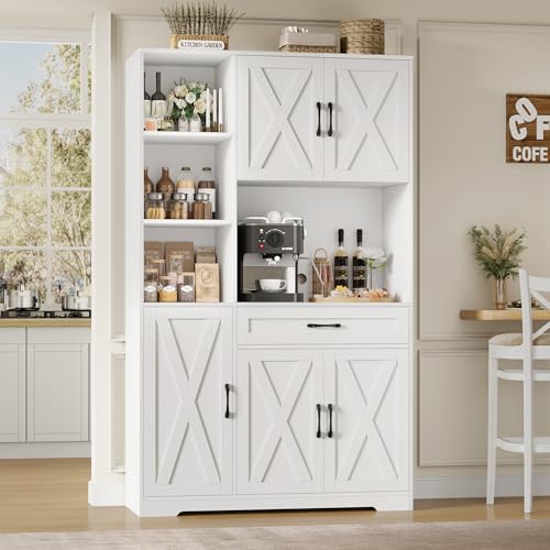 HOSTACK 71" Tall Kitchen Pantry Storage Cabinet, Farmhouse Food Pantry Cabinet with Microwave Stand, Barn Doors Kitchen Hutch with Large Drawer and Shelves for Dining Room, Ash Grey