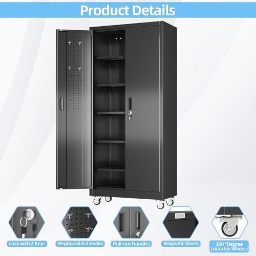 Aobabo Garage Storage Cabinet with Wheels,72" H Metal Storage Cabinet with 2 Doors and 4 Adjustable Shelves for Garage Home, Black,Required-Assembly