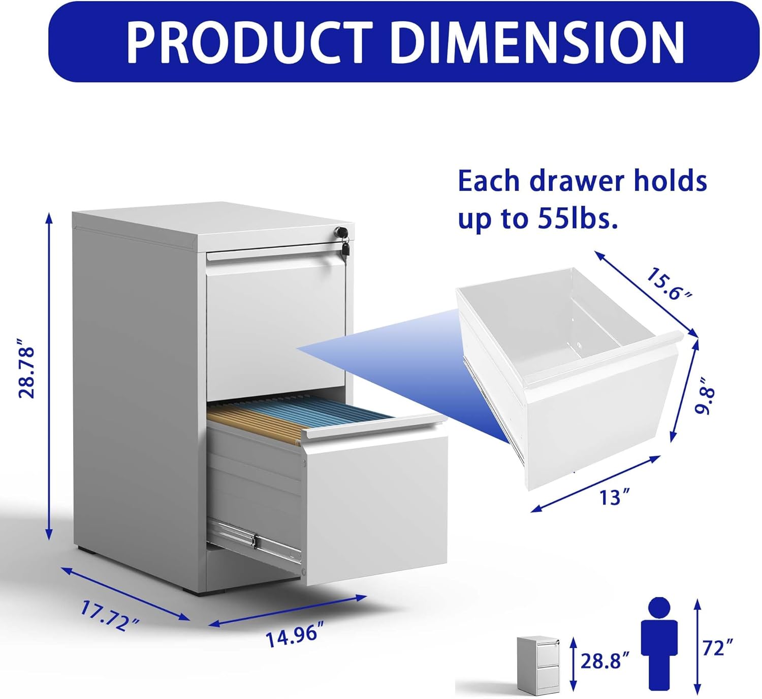 2 Drawer Metal Vertical File Cabinet with Lock Office Home Steel Vertical File Cabinet for A4 Legal/Letter Size (White)