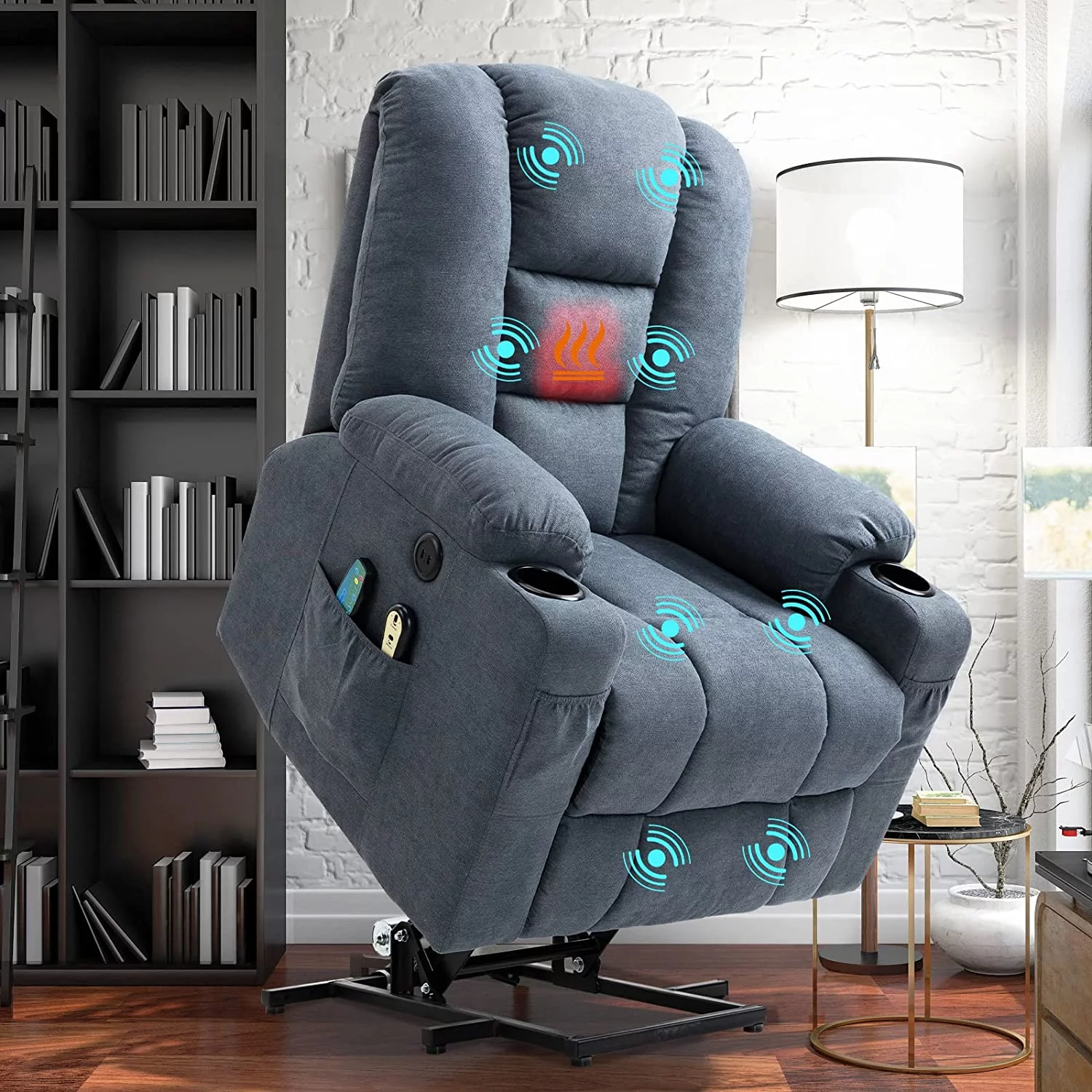 W WARMHOL Electric Power Lift Recliner Chair with Heat and Massage Lift Recliner for Elderly, Single Sofa recliners for Living Room with Cup Holders, 4 Pockets, USB Ports, Soft Fabric (Gray-Blue)